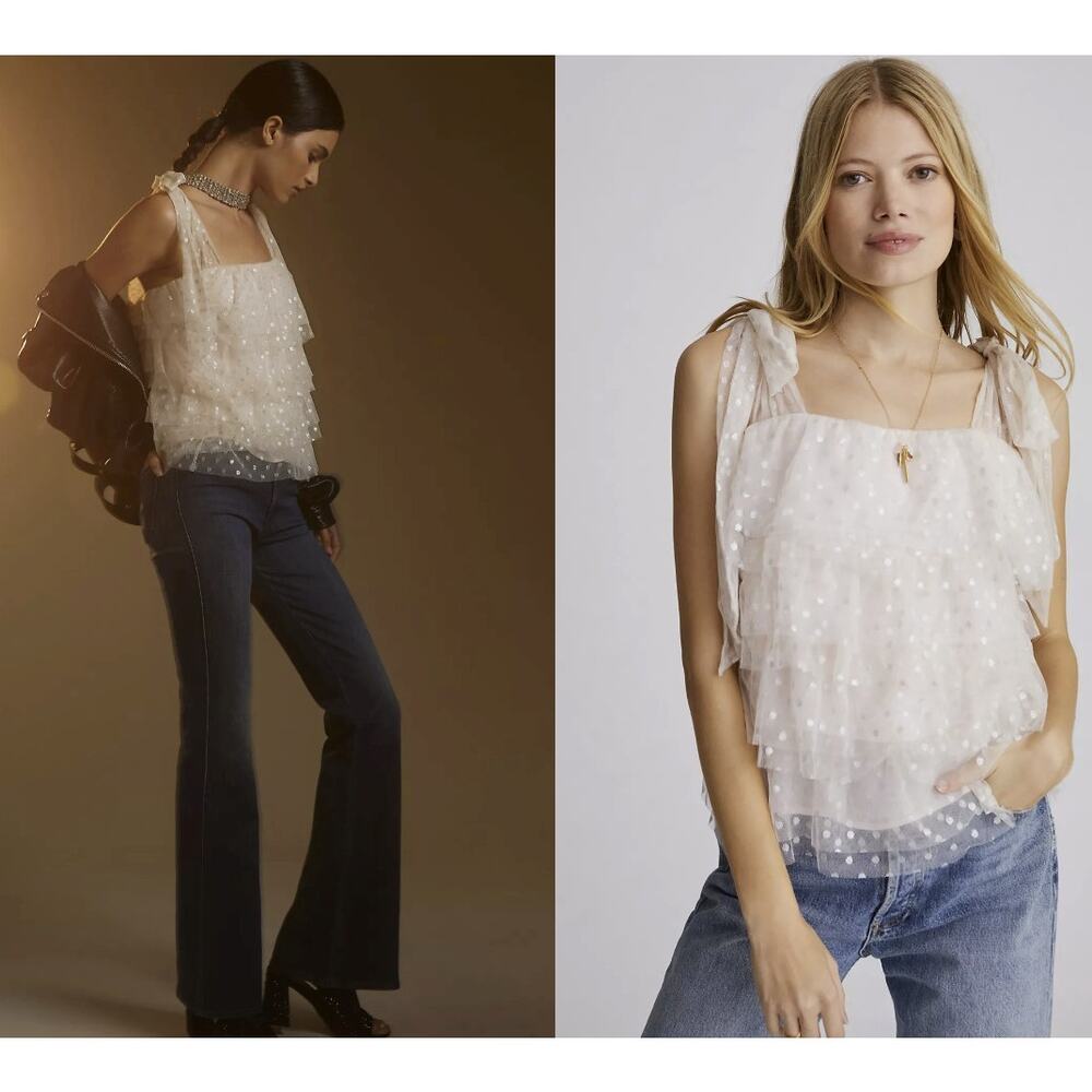 NWT Anthropologie Maeve Cream Ruffle Tulle Silver Sparkle Tank Top - Medium